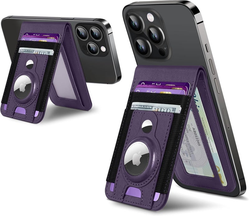 ExtreLife for Magsafe Wallet Stand with Airtag Holder, Strongest Magnetic Wallet for iPhone 17/16/15/14/13/12 Series, ID Window, 4 Card Slots, 10 Cards Holder, Vegan Leather, RFID Blocking, Purple - Image 1
